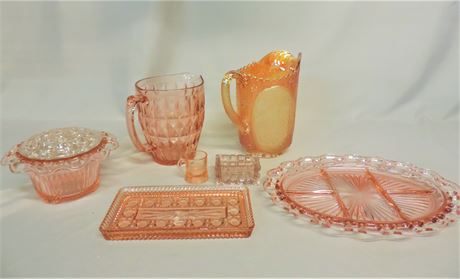 Vintage Carnival Glass Pitcher / Pink Depression Glass / Flower Frog