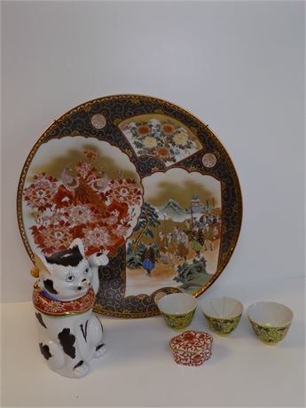 Asian Decorative Plate, Cups & cat