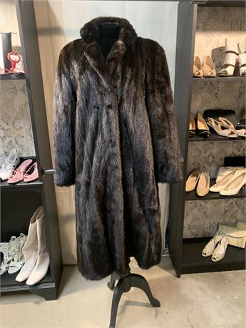 MINK Brown Fur Collared Long Coat