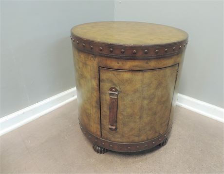 Round Accent Table with Leather Handles and Nail Head Trim
