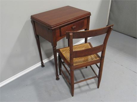 Vintage Sewing Machine Console Turned Desk with Cane Seat Chair