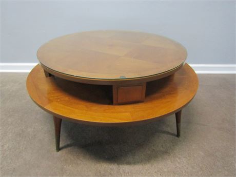 Mid-Century Round Coffee Table, 2 Tier and Glass Top