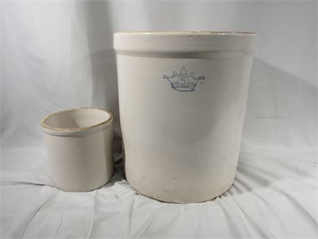 Five Gallon Stoneware Crock Crown Pottery Jug and Small Crock