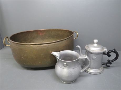 Hammered Copper Tub / Wilton Pewter Pitcher & Teapot
