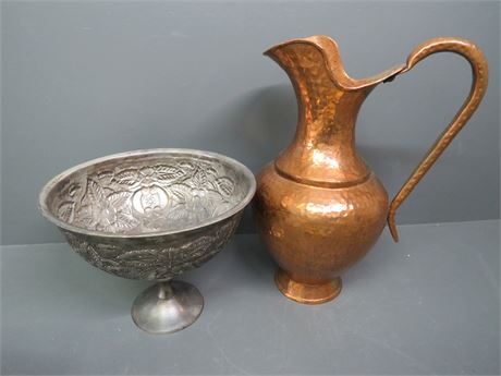 Hammered Copper Pitcher / Pewter Footed Bowl