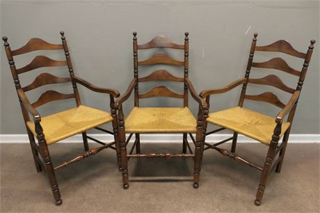 Ladder Back Arm Chairs with Rush Seat, Pair