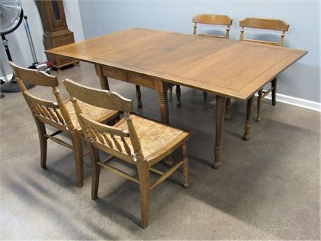 Vintage Drop-leaf Gate-leg Table with 4 Rush Seat Chairs