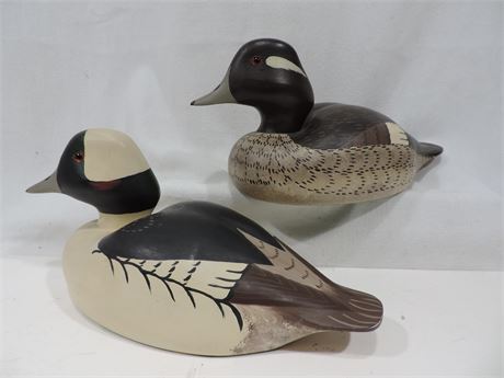 Vintage Signed Pair of Solid Wood Duck Decoys