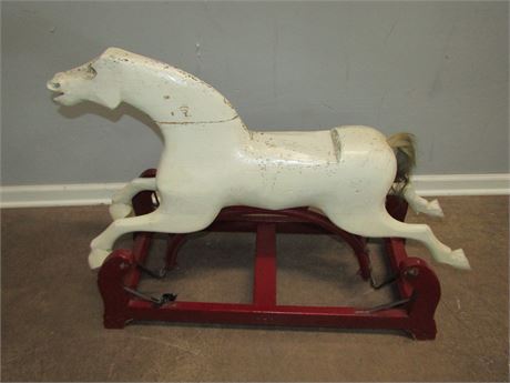 Antique Primitive Glider Rocking Horse in Rustic Carved White Wood