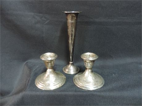 Two Gorham Sterling Silver Weighted Candlesticks Lint Sterling Bud Vase
