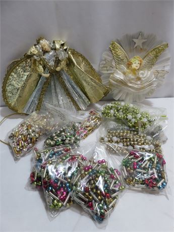 Antique Mercury Glass Bead Christmas Tree Garland & Angel Toppers