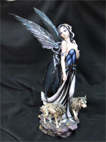 Resin Fairy Figurine - Everspring Blue Fairy with Wolves