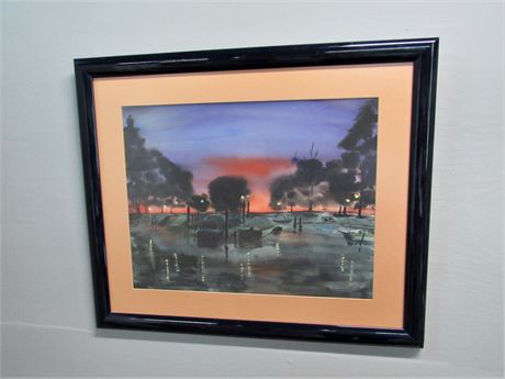 Framed and Matted Abstract Print - Boat Harbor at Sunset