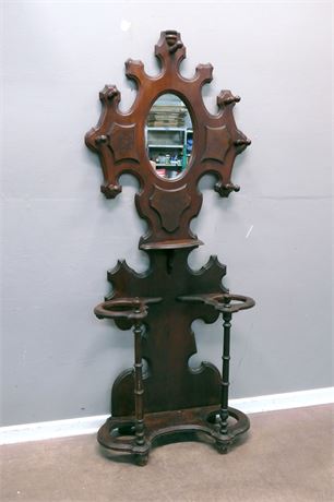 Vintage Front Entrance Hall Tree with Center mirror and Umbrella Holders