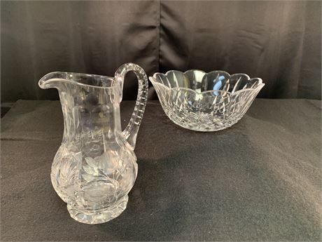 Crystal Bowl and Cut Glass Etched Pitcher