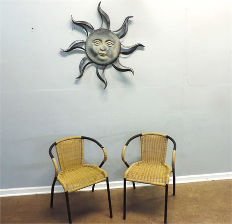 Metal Sculpture Sunflower / Two Synthetic Wicker Chairs
