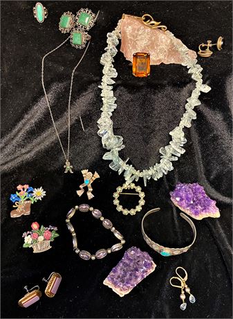 Crystal Necklace / Rose Quartz / Amethyst / Kuhn Zinn Pewter / Enamel Pins