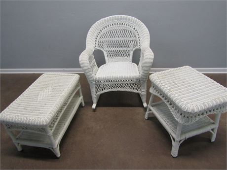 White Wicker 3 Piece Set, Rocker and Tables