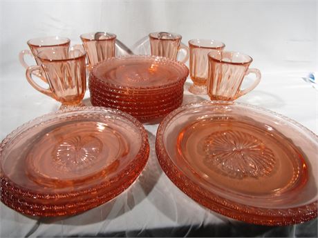 Iridescent Orange Depression Glass Dinner Plates, Snack Plates and Mugs, 16 Pc.