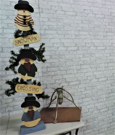 Snowman Crossing Sign and Christmas Tree Stand