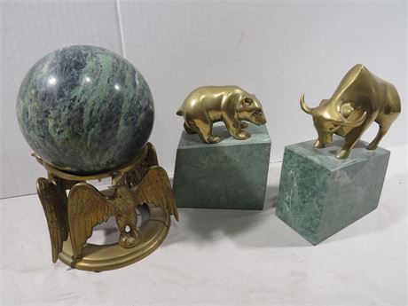 Wall Street Bull & Bear Brass/Marble Bookends / Eagle Sphere Stand