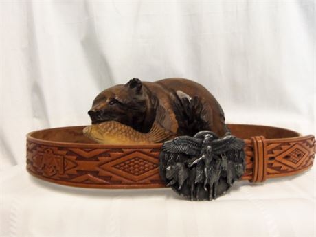 Carved Wooden Bear with Fish and Steerhide Belt