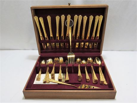 Vintage Gold Tone Stainless Flatware - Hammered Rose by Present - Japan w/ Case
