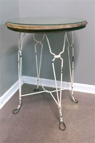 Table; Glass Top over Wood on "Wire" Legs