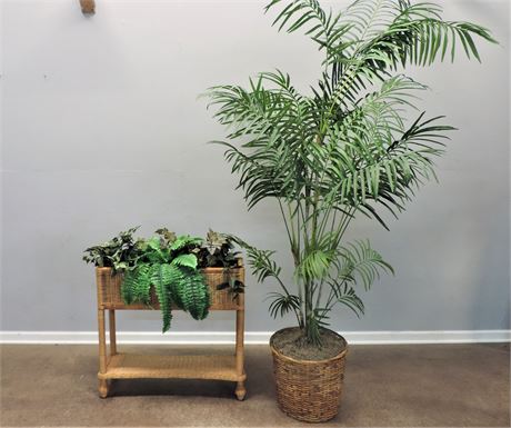 Large Artificial Palm Tree & Wicker Style Plant Stand
