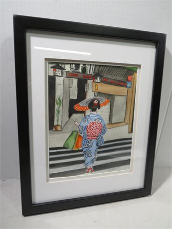 BARBARA HUBERT Geisha Girl Shopping Trip Watercolor Painting