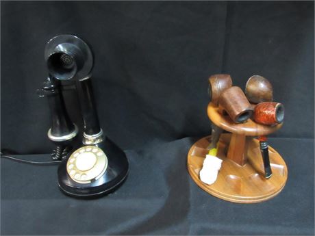Vintage Pipe Lot and Candlestick Phone