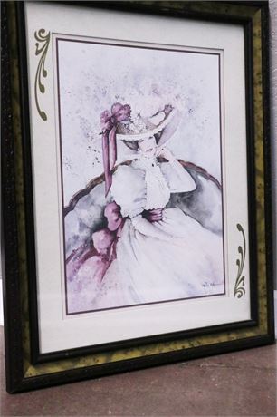 Framed Watercolor Painting of a Victorian Lady in a Hat by Peggy Reimel Abrams