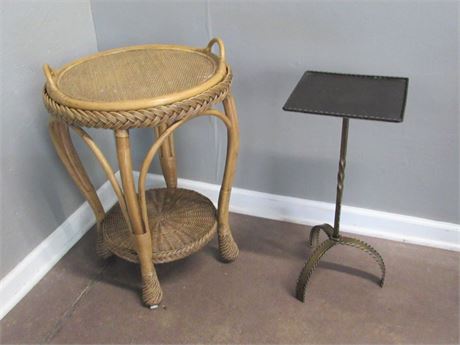 Wicker Side Table with Removable Tray Top and Gold Finished Wrought Iron Stand