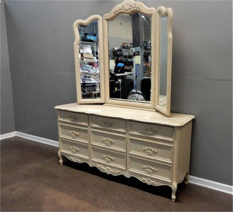 Stanley Furniture Ivory Color Wood Triple Dresser with Tri-Fold Mirror