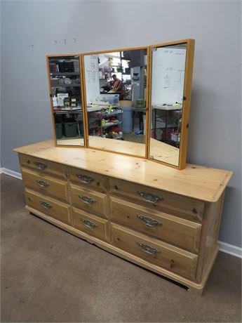 Knotty Pine Triple Dresser w/Jewelry Cabinet Tri-Fold Mirror