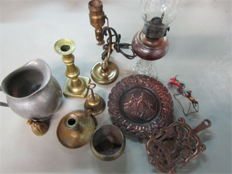 Early American Brass, Pewter, Trivet, Lamps and More