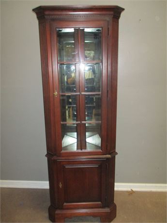 Solid Red Cherry Corner Lighted Display Cabinet, with Locking Doors and Keys