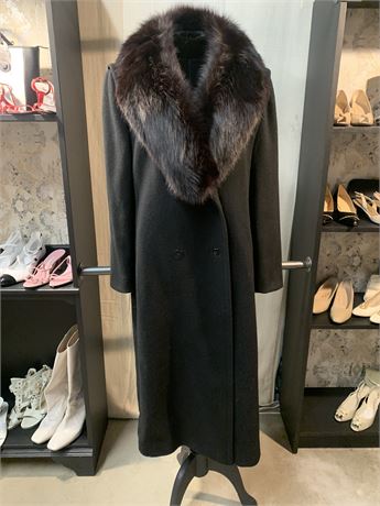 Black Faux Fur Collared Wool Coat