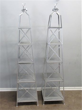 2 - 5-Tier Silver Painted Metal Etagere/Display Shelves with Bird Finials