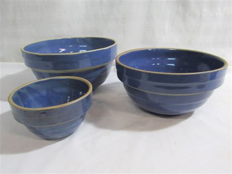 Vintage 3 Piece Blue Stoneware Nesting Mixing Bowl Lot