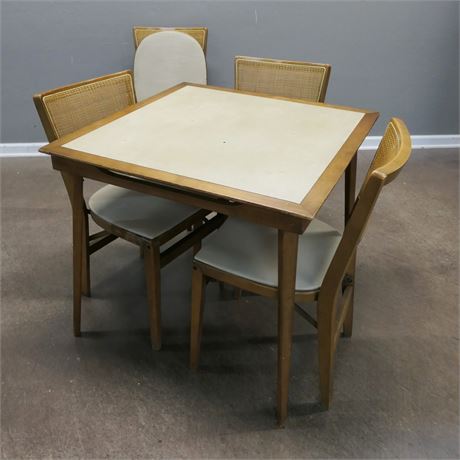 Vinage Stakmore Folding Card Table in Wood with 4 Cane Chairs