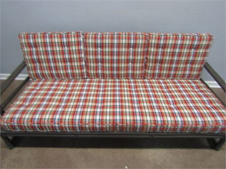 Large Vintage Glider Bamboo Style Sofa with Plaid Cushions