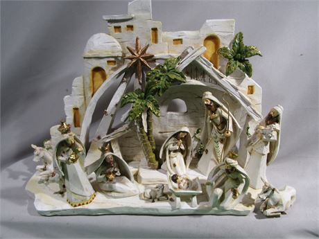 Traditional Wooden Nativity Scene, with Background and Wooden Figurines by Roman