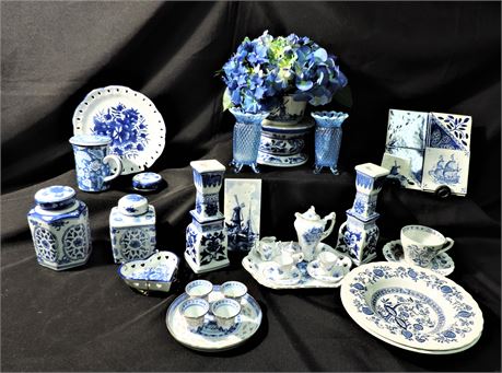 Blue Onion / Blue Opaline Imperial Diamond Vases / Asian Saki Set / Spice Jars
