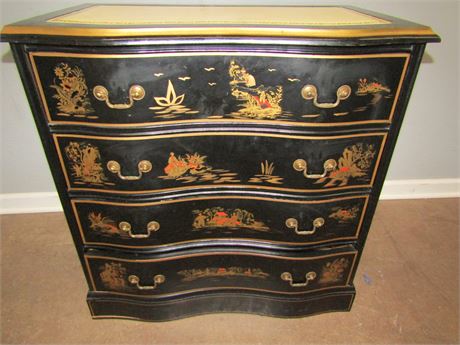 Chinoiserie Asian Style Chest, Black with Gold Art and 4 Drawers
