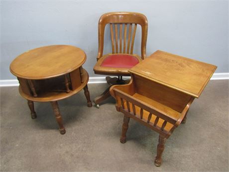 Vintage Wooden Furniture, Old Desk chair, End Tables