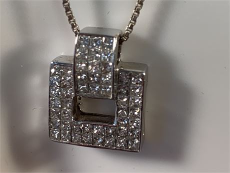 14KT White Gold Pave Pendant/ Sterling Silver Chain