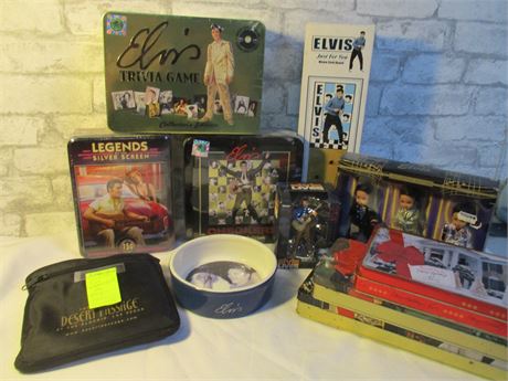 Elvis Fan Unopened Collectibles Lot, Checkers, Puzzles, Tins, Hound Dog Dish
