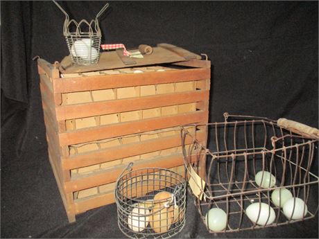 Rare Wire Egg Baskets, Wood Crates with Card Board Dividers, Wood & Ceramic Eggs