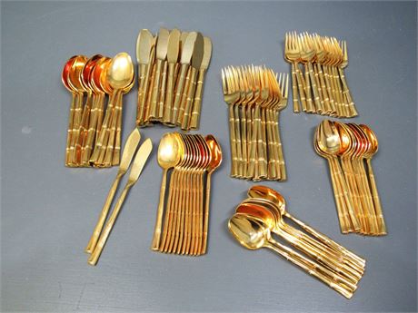 Cosmos Stainless Gold-Tone Bamboo Pattern Flatware - Japan - 96 Pieces